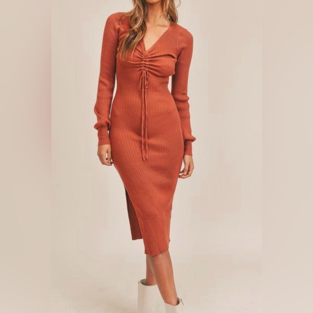 Rust Long Sleeve Ribbed Dress